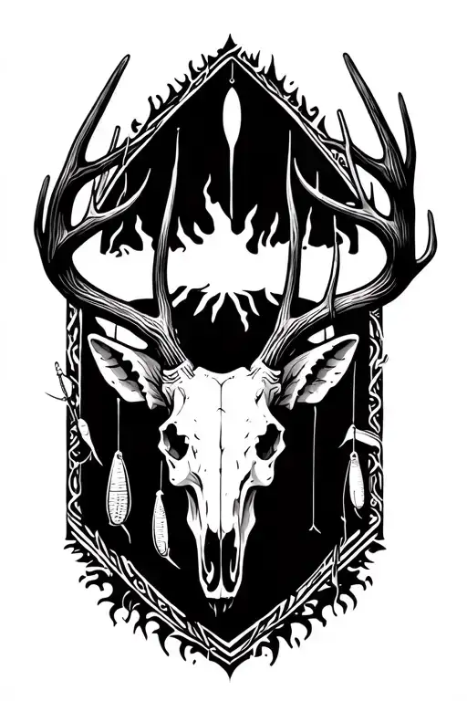 A Unique Blackwork Tattoo Of A Deer Skull Adorned With Fishing Lures As Antlers