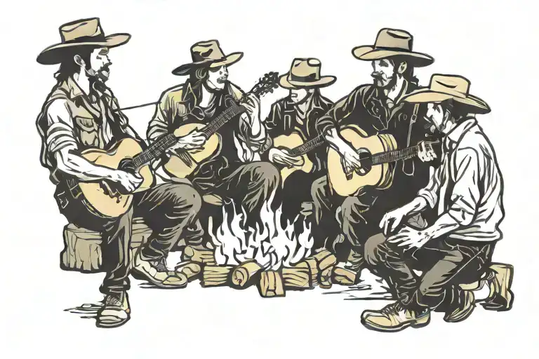 Cowboys Sat Around Campfire With Guitar