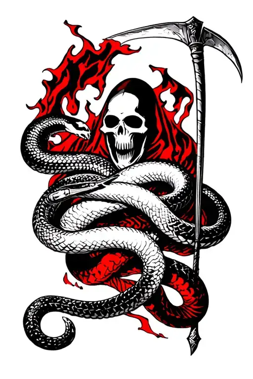 A Snake Wrapped Around A Grim Reaper With A Scythe Thats Black And Red On Top Of Hell