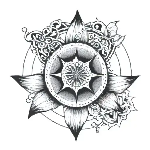 Lotus Flower Centered Inside A Compass