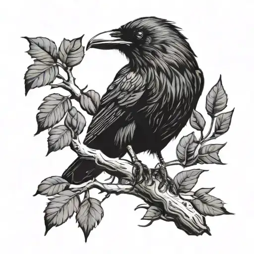 Raven With The Vegvisir Sign Sitting On A Branch