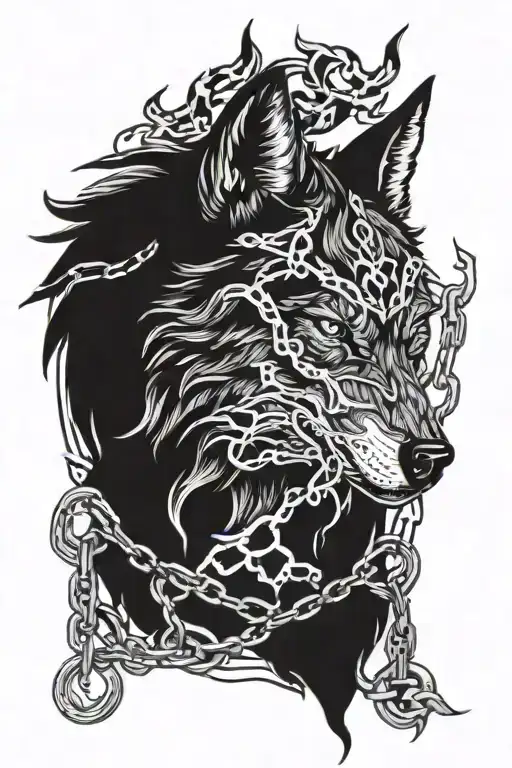 Wolf Head With Chains And Flames Surrounding It Rittled With Skulls