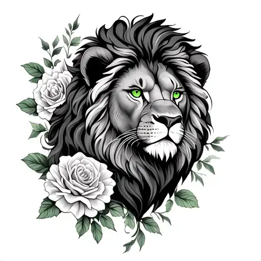 Lion With Light Green Eyes With Roses And Carnation Flowers Flowing Down The Leg