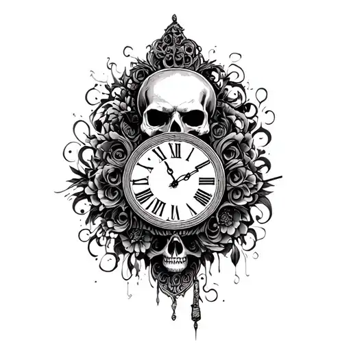 Old Time Clock With Time New Roman Numerals With Skull