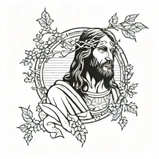 A Tattoo Design Of Jesus Christ With A Background Of Nature And Music Notes