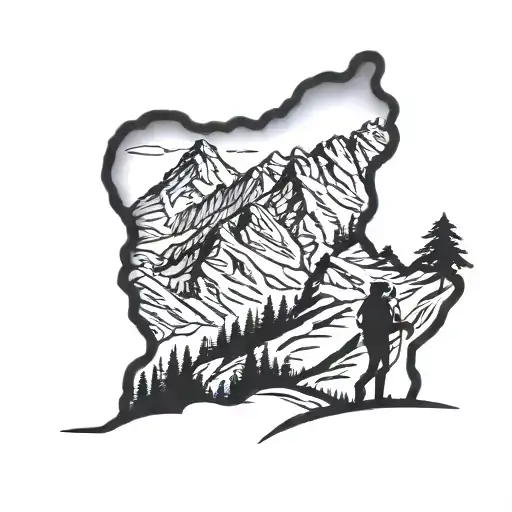 A Silhouette Of A Hiker With A Mountain Range In The Background