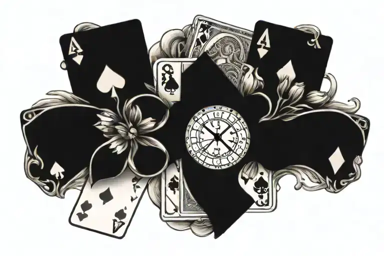 Poker Cards Clock And Flowers