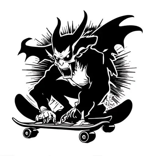 Skateboarding Demon With Lightning Bolt And Sunrise