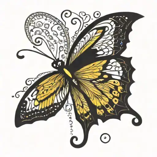A Minimalist Black And White Outline Of A Yellow Butterfly With Intricate Dotwork Details