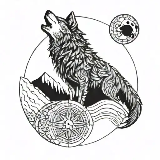 A Wolf Howling At The Moon With Intricate Geometric Patterns Integrated Into The Fur