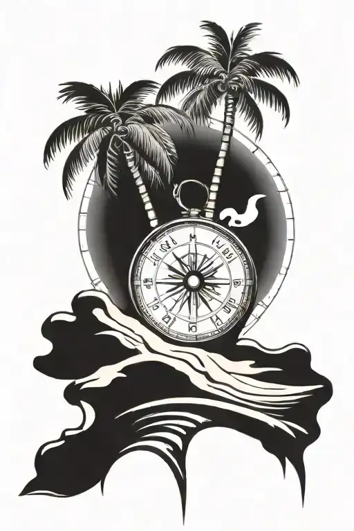Palm Tree With A Compass At The Base Of Tree In Sand