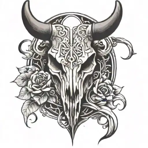 A Stylized Bull Skull Tattoo With Libra On The Horns