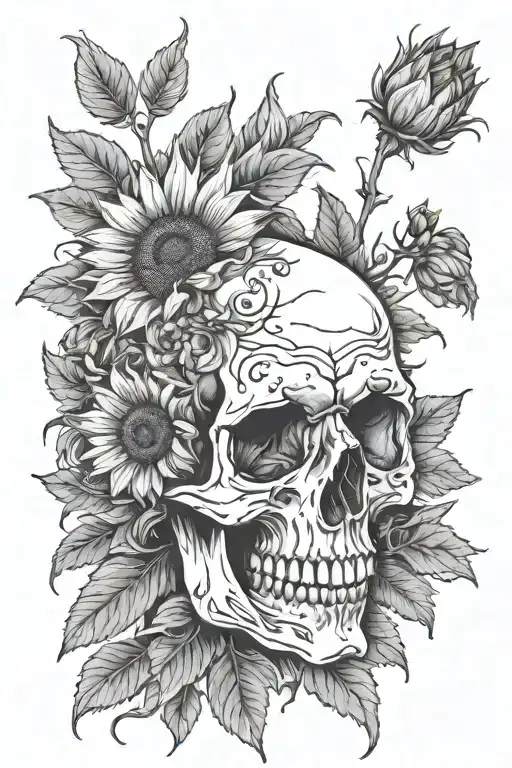 Skull And Sunflowers With Stems