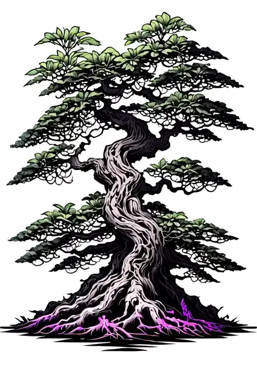A Tattoo Design Of A Bonzai Tree Intertwined With Plants And Neon Accents