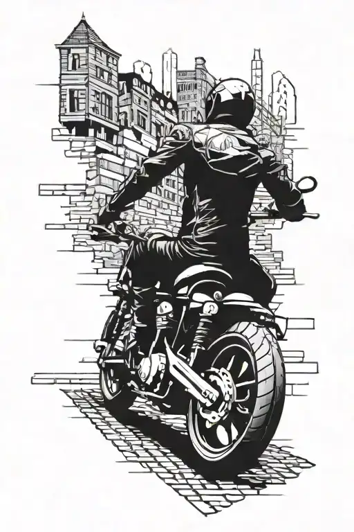 A Motorcycle Riding Through A City Street Made Of Evil Bricks