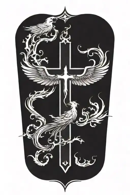 Phoenix Rising From Flames And A Prominent Cross And Words Dona Nobis Pacem In Gothic Letters