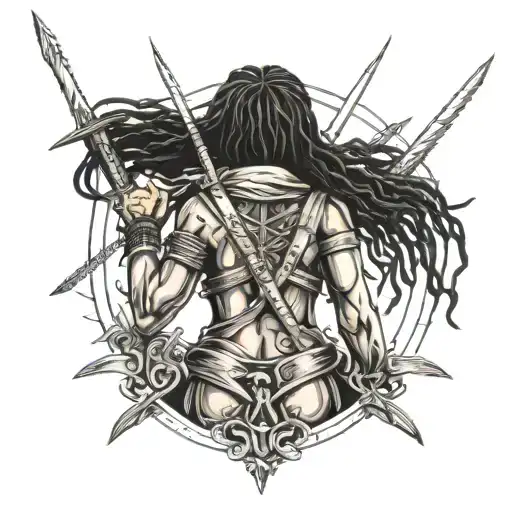 Rasta Warrior Woman With 2 Swords In Her Back