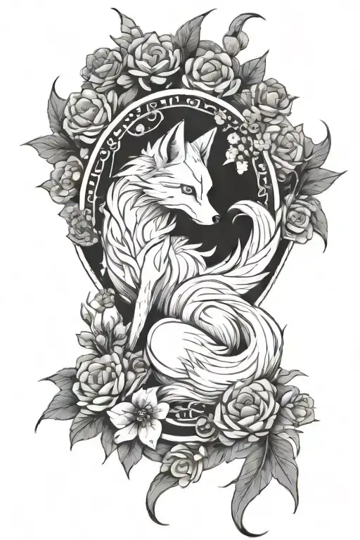 7 Tailed Fox Full Body And Flowers
