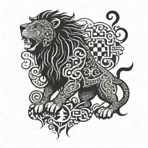 An Abstract Blackwork Tattoo Of A Scottish Rampart Lion Composed Of Intricate Patterns And Symbols