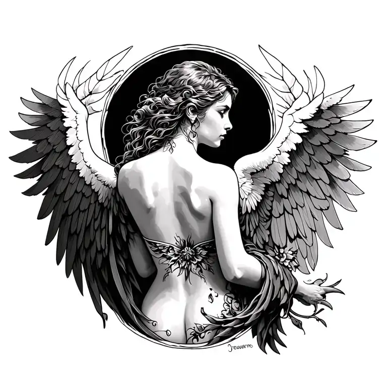 Fallen Angel Upper Back Tattoo Design