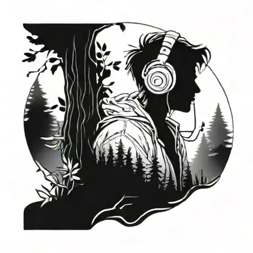 A Tattoo Of A Mystical Forest With A Hidden Anime Character Listening To Music On Headphones