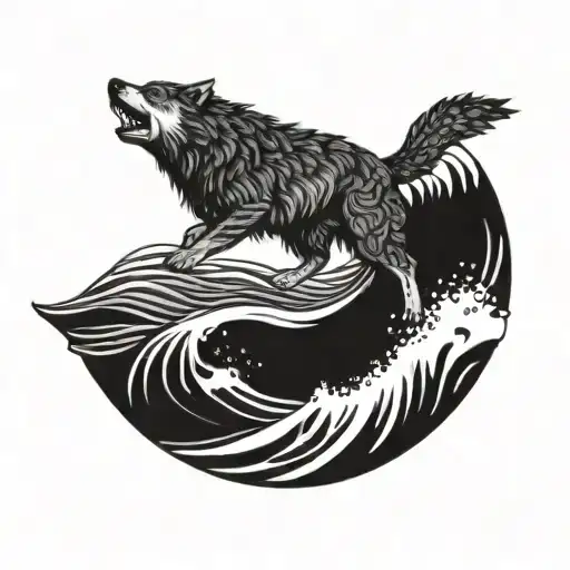 A Detailed Blackwork Tattoo Of A Wolf And Owl Surfing Together On A Wave