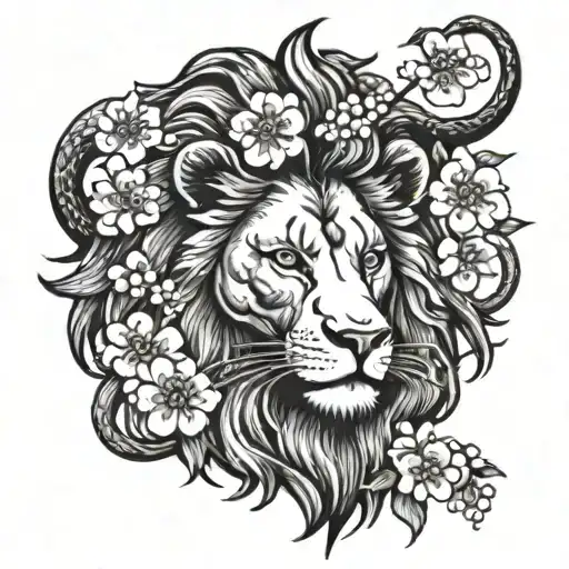 A Majestic Lion With A Traditional Japanese Cherry Blossom Background