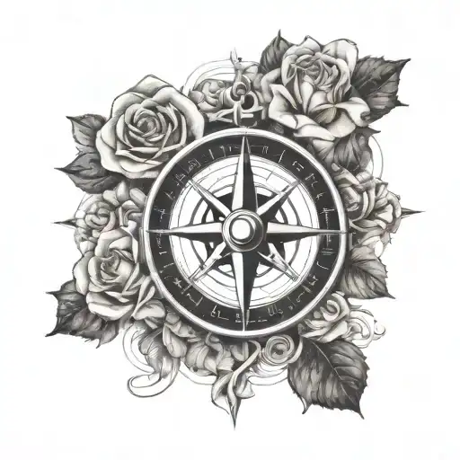 A Nautical Compass Rose Intertwined With Blooming Roses