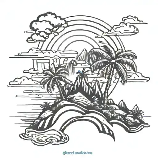 Tropical Island With Moutains Single Palm Tree And Sunshine