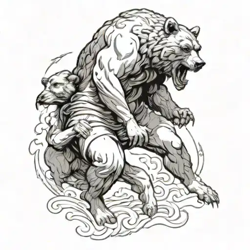 A Man Fighting A Bear In Pagan Inspired Tattoo Showcasing