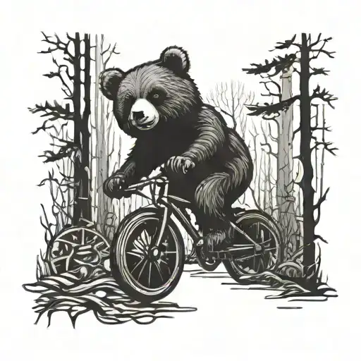 A Gothic-inspired Teddybear Riding A Bicycle Through A Dark Forest