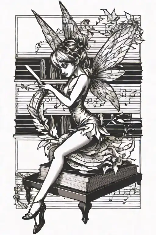 Tinkerbell Dancing On A Bookshelf Filled With Music Sheets