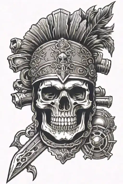 Skull With Roman Helmet With Piercing Dagger Through
