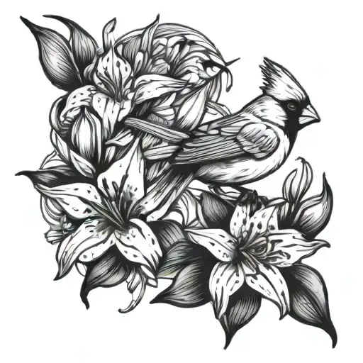 Cardinal Bird And Lilies