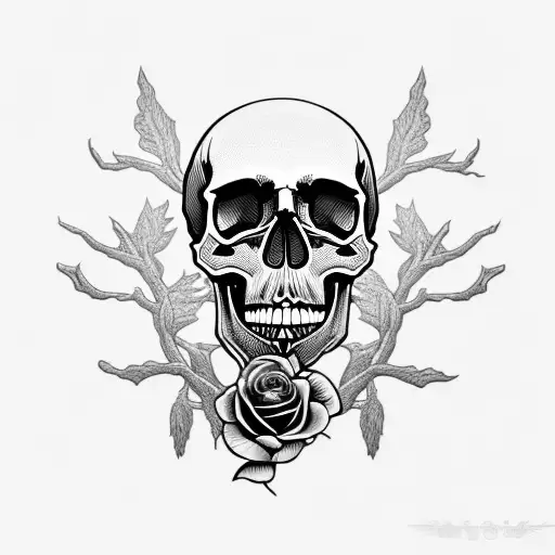 Skull With Dead Tree And Purple Rosed