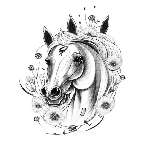A Minimalist Tattoo Of A Mustang Horse Galloping Through A Field Of Flowers With Hair Spread On Wind