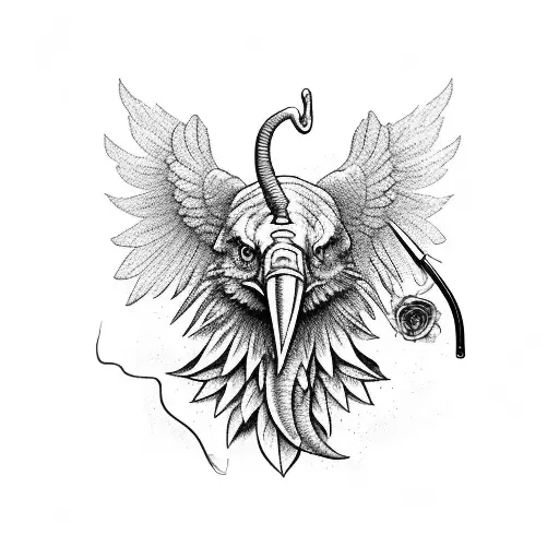 Eagle Head With Elephant Head And Fishing Pole And Rose And Marigold And Whisk