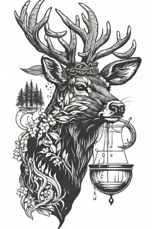 A Blackwork Tattoo Of A Deer Silhouette With A Fishing Lure Dangling From Its Mouth