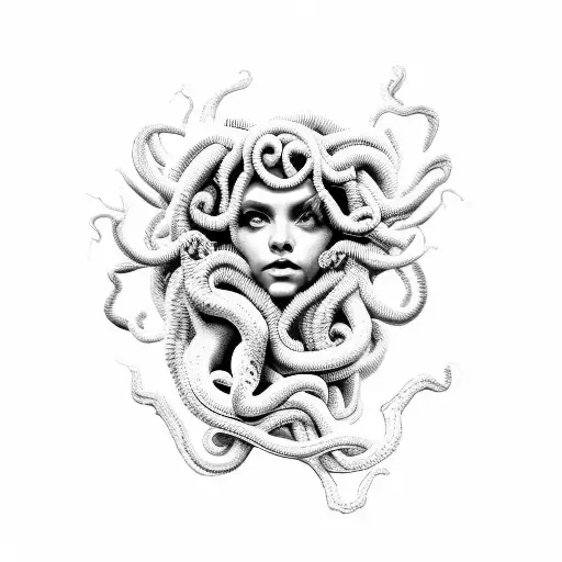 A Hauntingly Beautiful Medusa Portrait With A Software Code Overlay