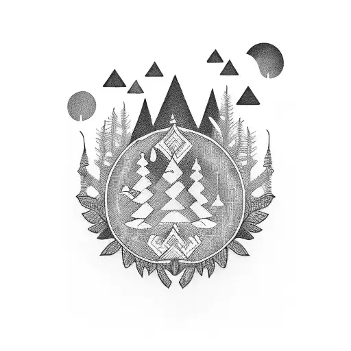 A Blackwork Tattoo Featuring Carabinas Hanging From Tree Branches In A Forest Setting