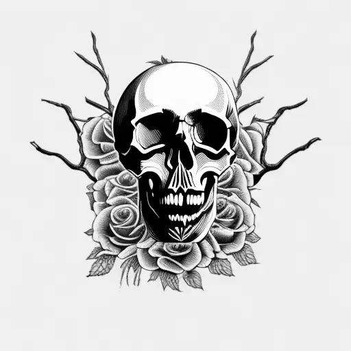 Skull With Dead Tree And Purple Rosed