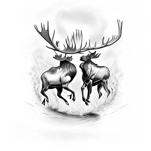 Two Moose Fighting In A River With Fish