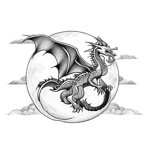 A Fierce Dragon Soaring Over A Crimson Moon In A Blackwork Style