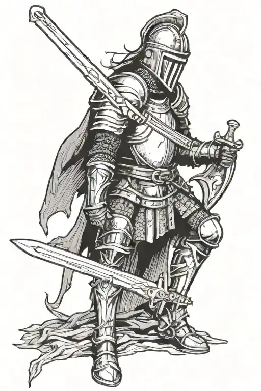 A Knight Stood Up Resting And Looking Down At A Large Sword In Remorse Woodcut
