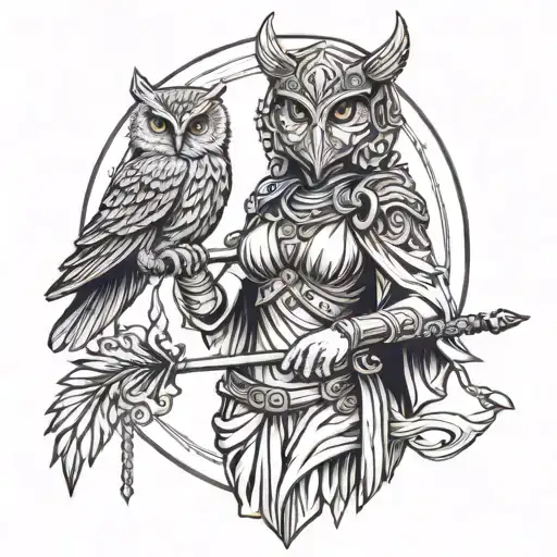 Athena Goddess Holding Spear With Owl Perched