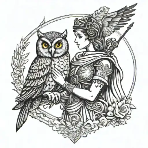 Goddess Athena Holding Spear With Owl Perched And Hope Written Across