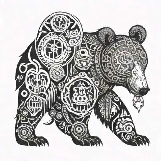 An Intricate Tattoo Of A Bear Surrounded By Native American Animal Symbols