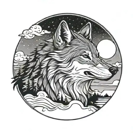 A Wolf Howling At The Moon Silhouette Filled Sky Reflected