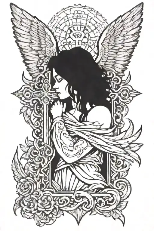 Angel Behind And Hugging A Cross With Wings Spread