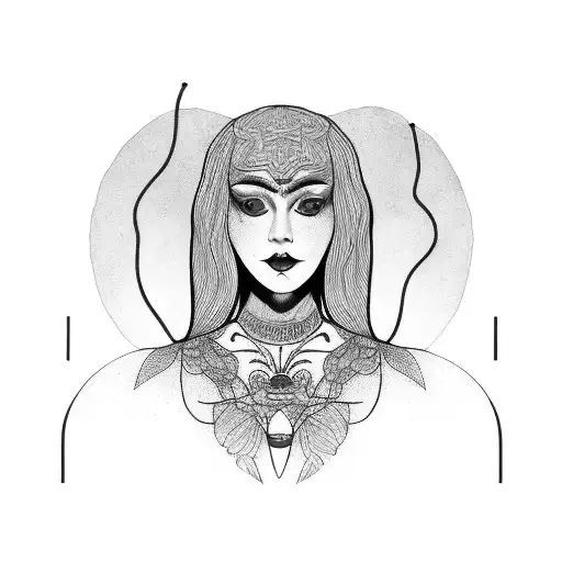 Womans Body Wrapped In Red Yarn With Crow Pulling At Her